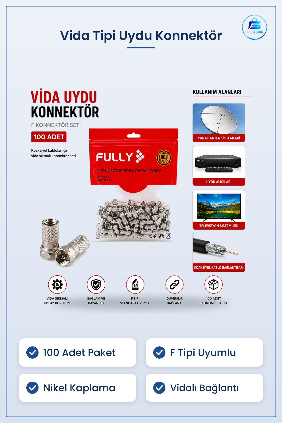 Vida Tipi Uydu Konnektör 100'lü F Koaksiyel Kablo Vidalı Seti Bağlantı Çanak Anten