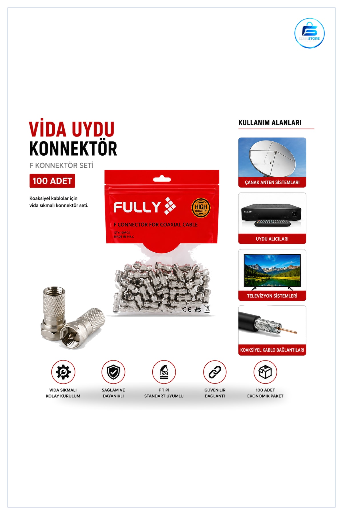 Vida Tipi Uydu Konnektör 100'lü F Koaksiyel Kablo Vidalı Seti Bağlantı Çanak Anten