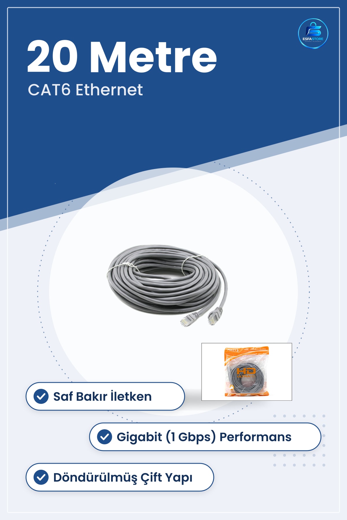 Network Kablosu CAT6 20m Ethernet İnternet Data Gigabit RJ45 Ev ve Ofis Ağı Bağlantı Yüksek Hız