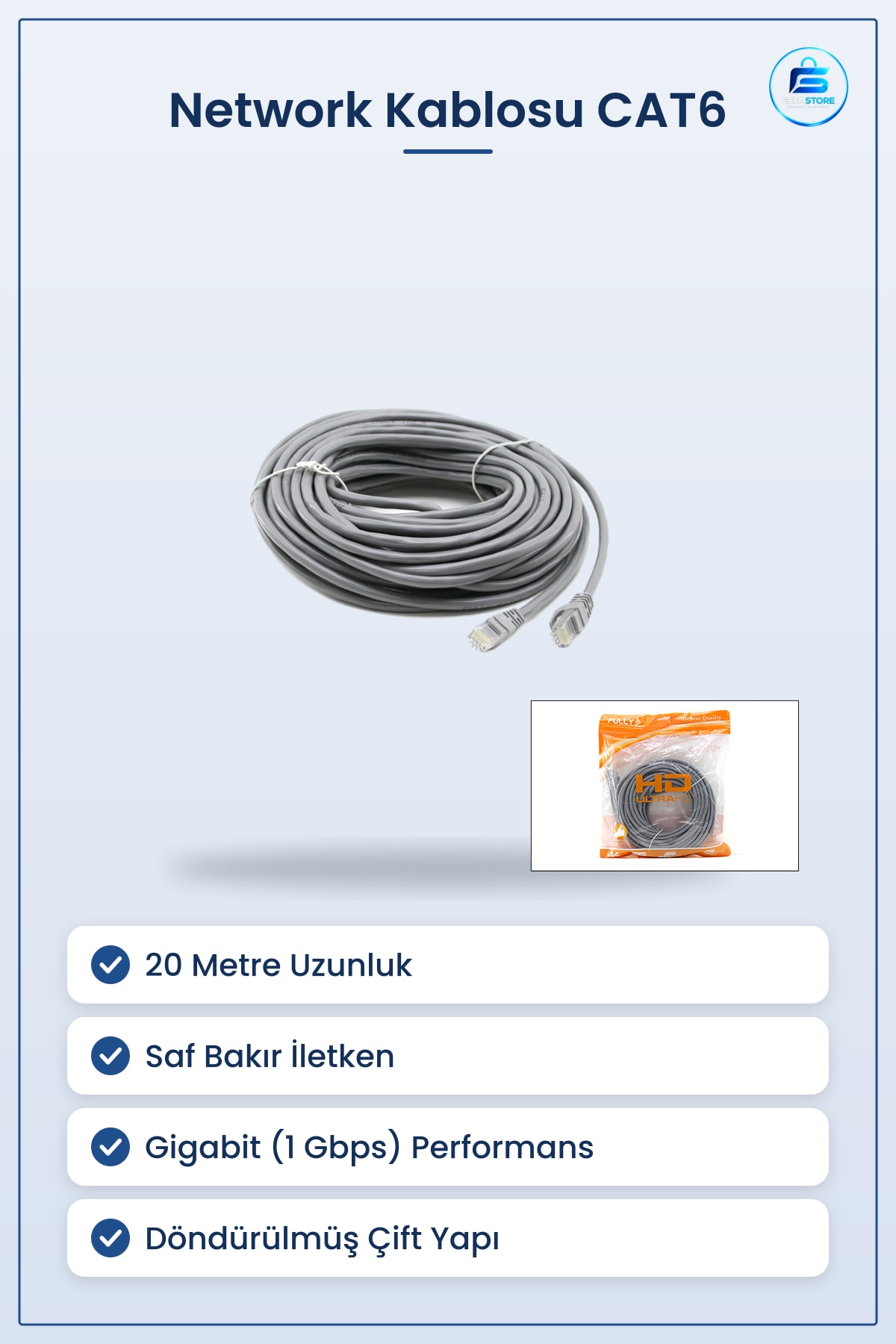 Network Kablosu CAT6 20m Ethernet İnternet Data Gigabit RJ45 Ev ve Ofis Ağı Bağlantı Yüksek Hız