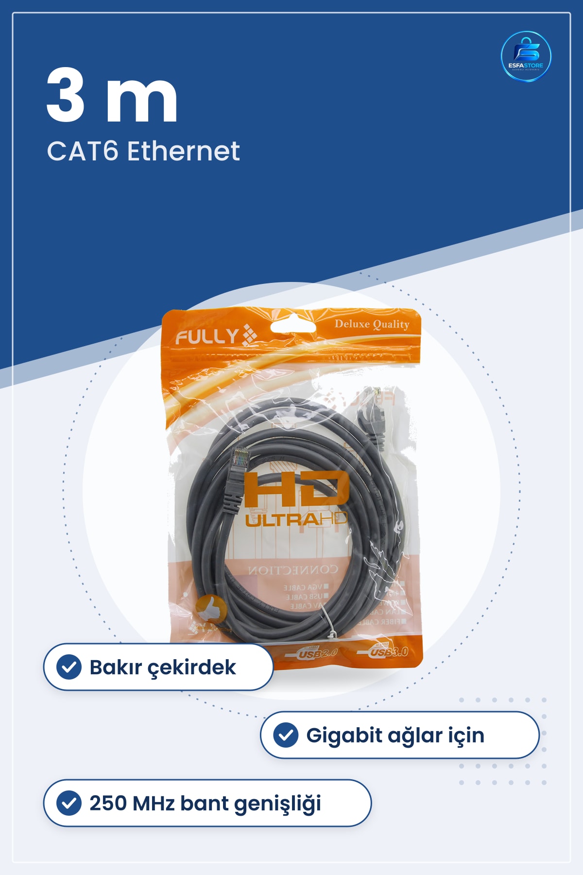 Network Kablosu CAT6 Ethernet 3 m Bakır Çekirdek PVC Kılıf Gigabit Modem Router Switch