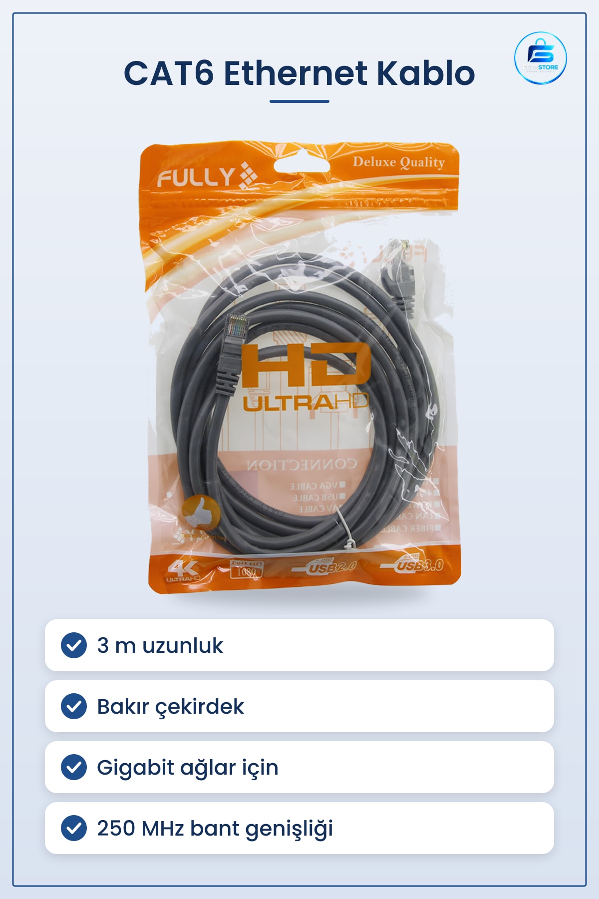 Network Kablosu CAT6 Ethernet 3 m Bakır Çekirdek PVC Kılıf Gigabit Modem Router Switch