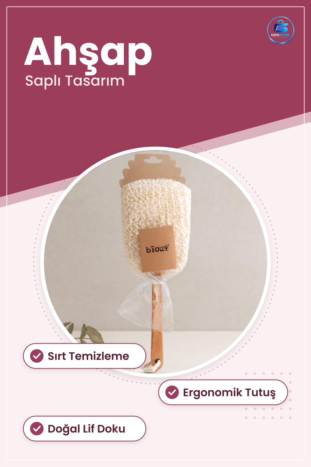 Doğal Lif Masaj Süngeri Ahşap Saplı Sırt Temizleme Banyo Duş Aksesuarı Ergonomik Kullanım