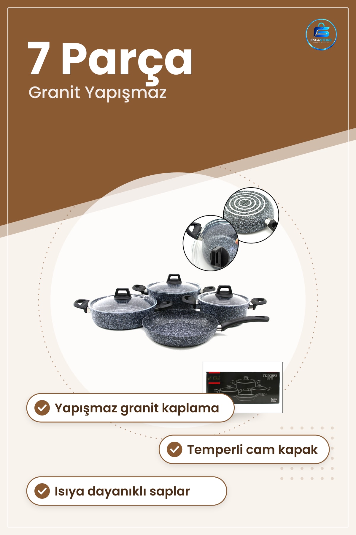 Tencere Seti 7 Parça Mutfak Granit Yapışmaz ve 24 cm Derin 27 Cam Kapaklı 26 Tava