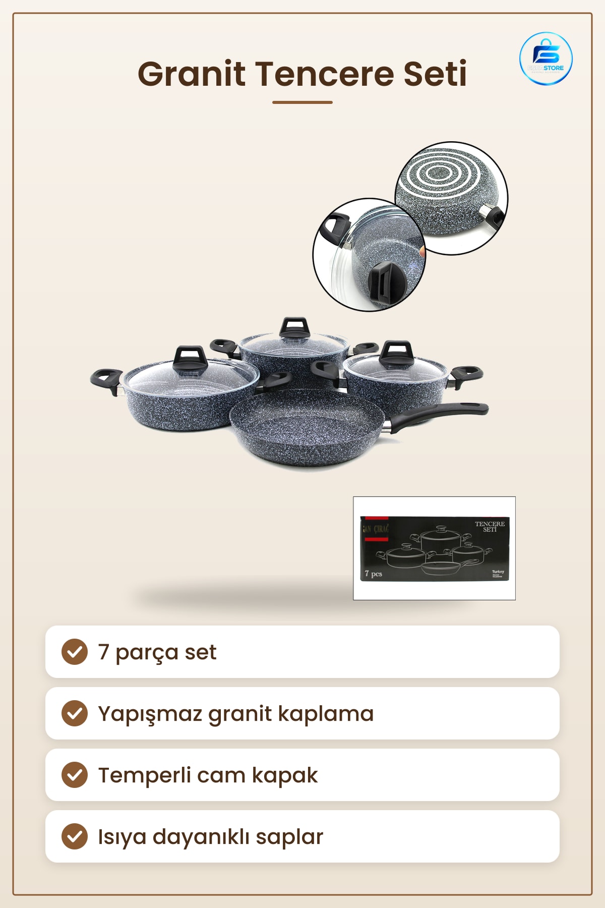 Tencere Seti 7 Parça Mutfak Granit Yapışmaz ve 24 cm Derin 27 Cam Kapaklı 26 Tava