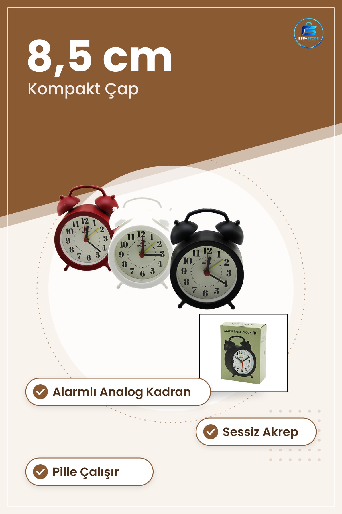 Masa Saati Kulaklı Klasik Çalar Saat Pilli Sessiz Akrep 8,5 cm Kompakt Alarm Ev Dekorasyon