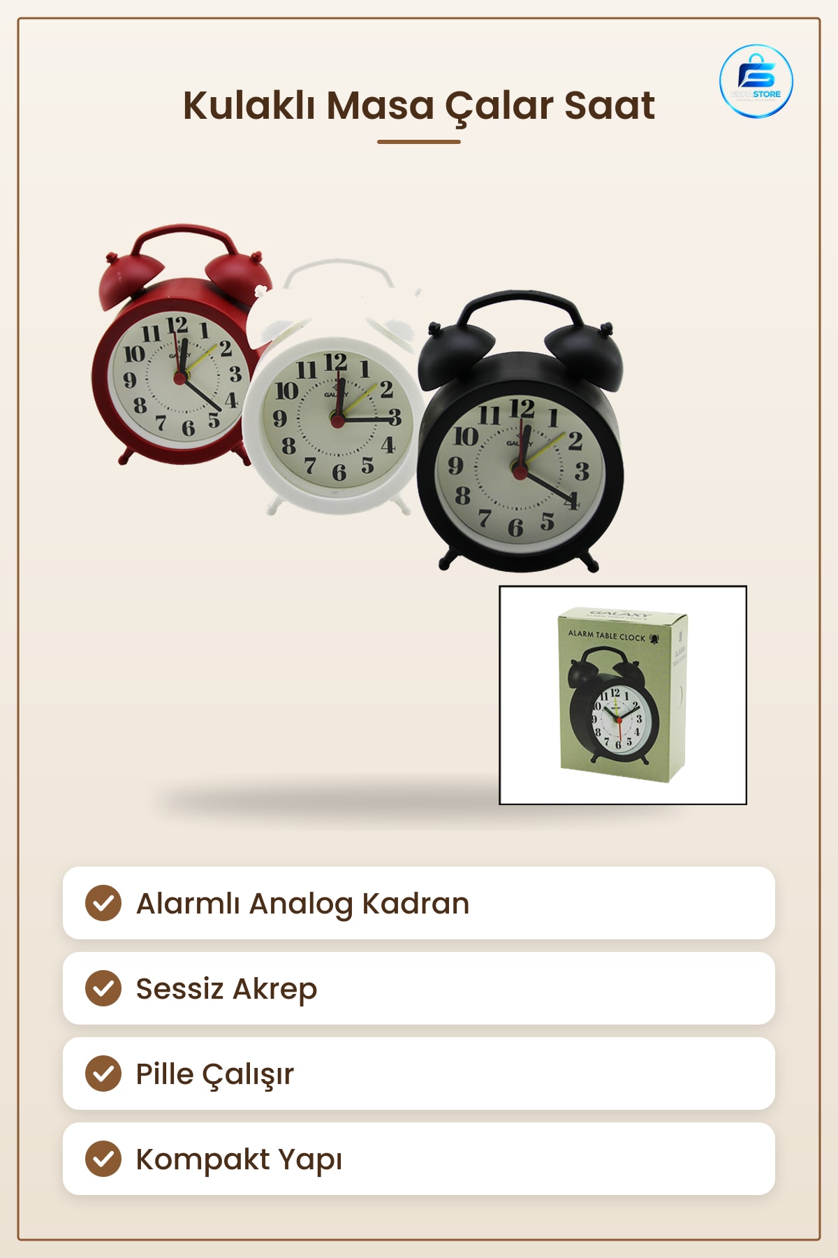 Masa Saati Kulaklı Klasik Çalar Saat Pilli Sessiz Akrep 8,5 cm Kompakt Alarm Ev Dekorasyon