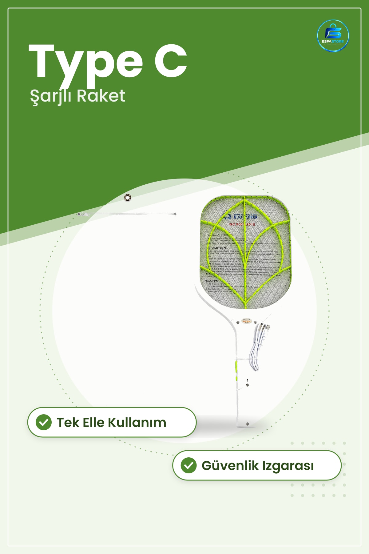 Elektronik Sinek Öldürücü Raket Type C Şarjlı Haşere Kovucu Ev Ofis Bahçe Kullanımı