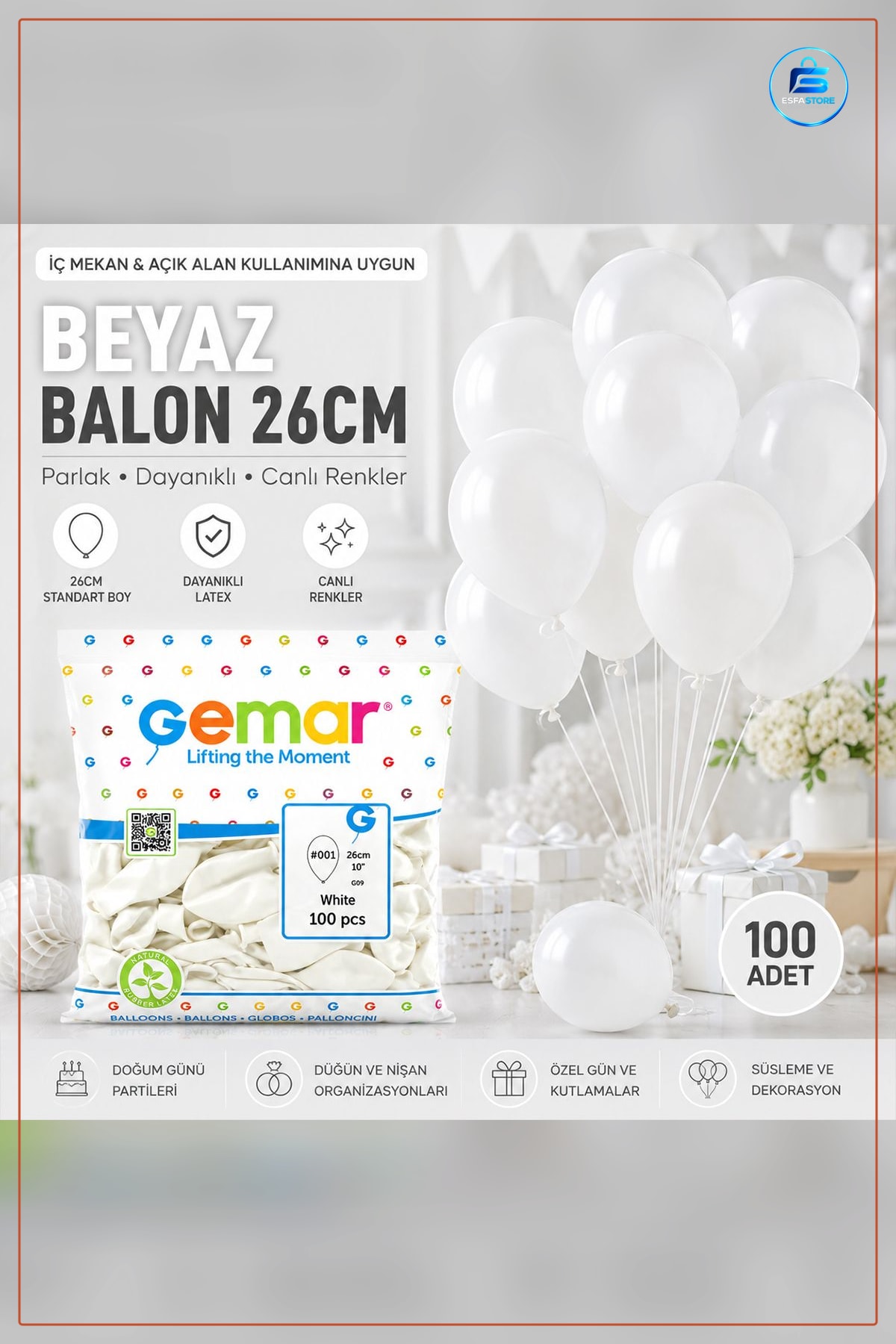 Balon Beyaz İç Mekan Lateks 26 cm '' 100'lü Parti Doğum Günü Kutlama Dekorasyonu
