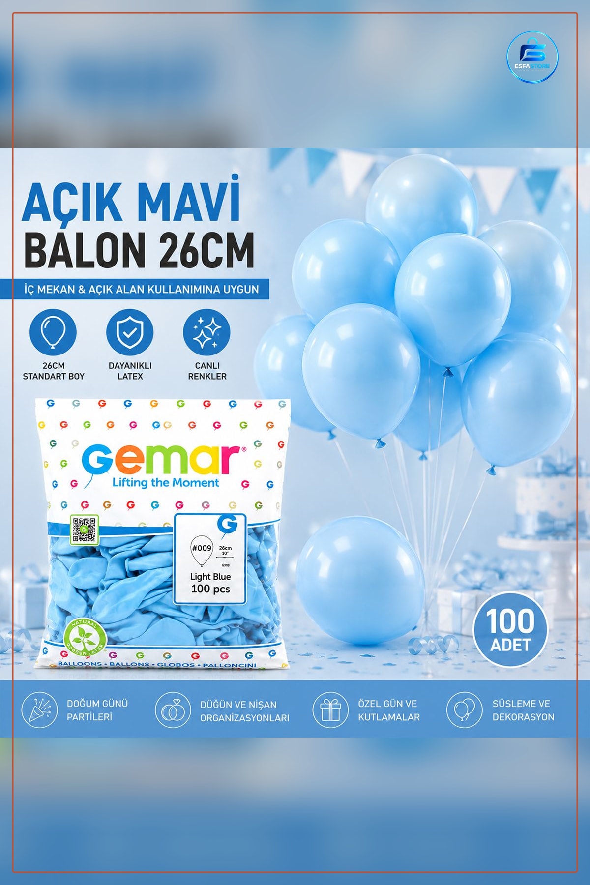 Açık Mavi Latex Balon İnç (26 cm) 100'lü Doğum Günü Parti Düğün Baby Shower Helyum Dekorasyon