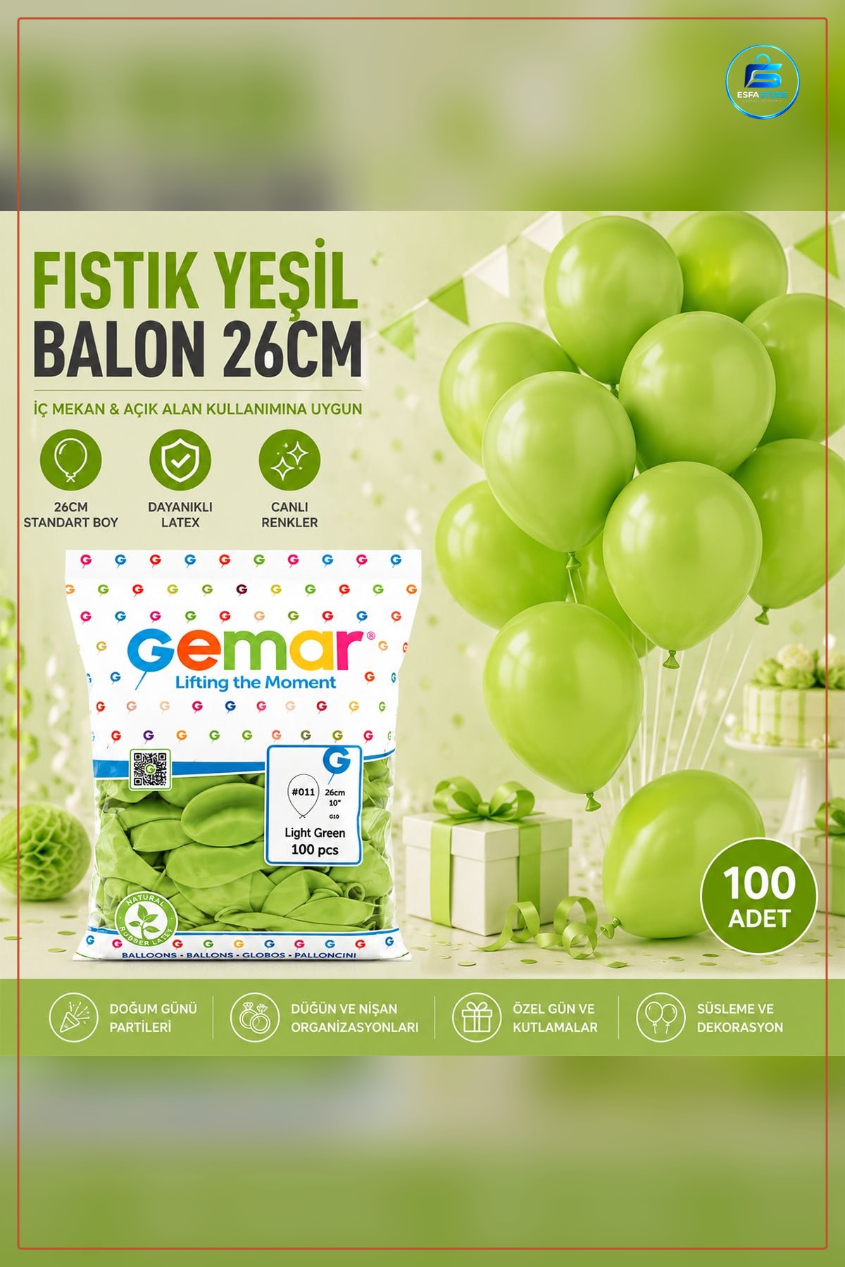 Balon Fistik Yeşili 100'lü Lateks İç Mekan Doğum Günü Nişan Kına Davet Parti Süsleme Dekorasyon