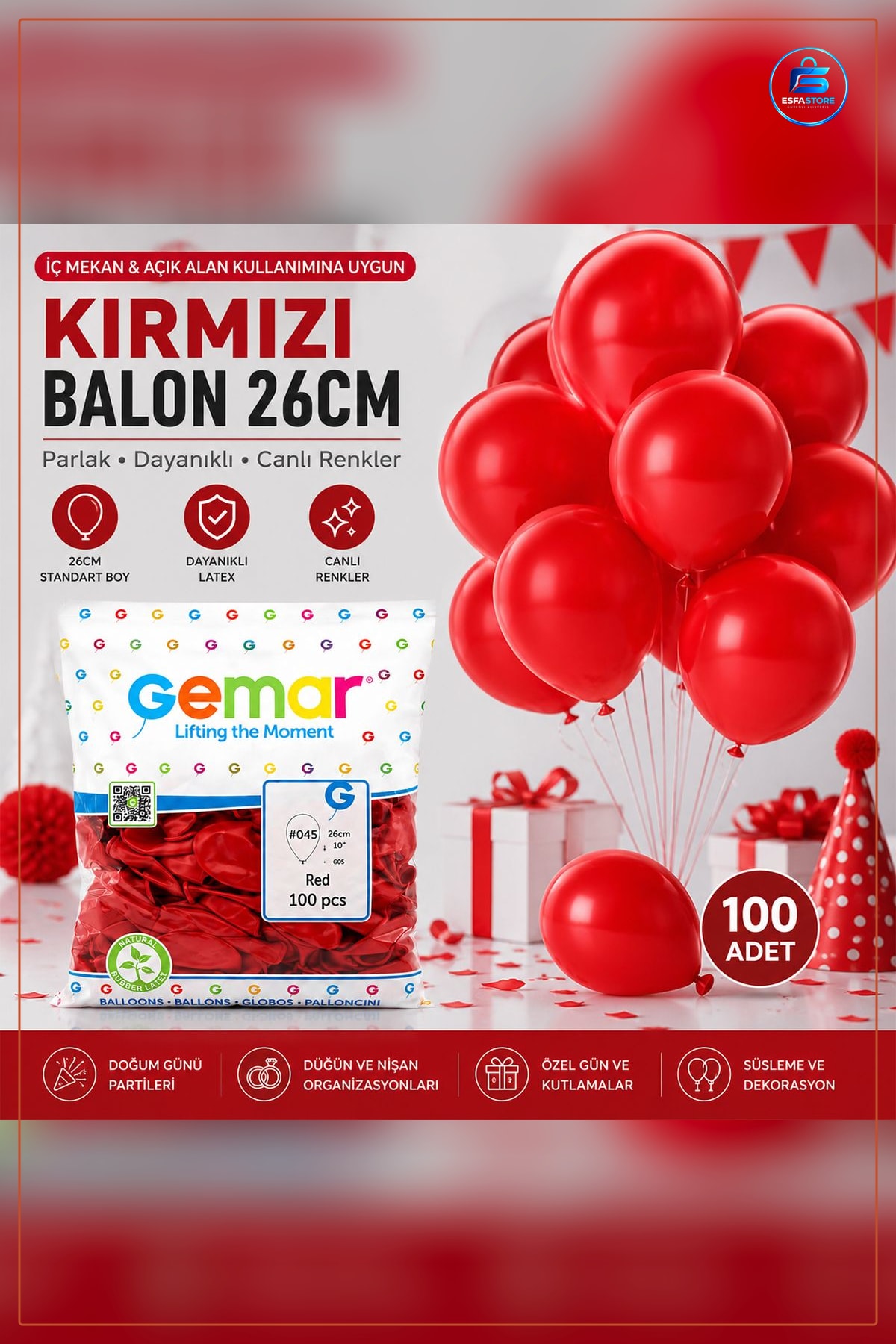 Kırmızı İç Mekan Balonu 100'lü 26 cm Lateks Doğum Günü Parti Süsleme Balonları Kullanışlı