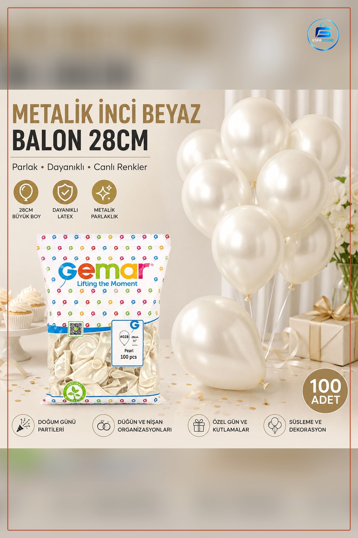 Balon Metalik İnci Beyaz 100'lü '' 28 cm Lateks Doğum Günü Düğün Parti Dekorasyonu Süsleme
