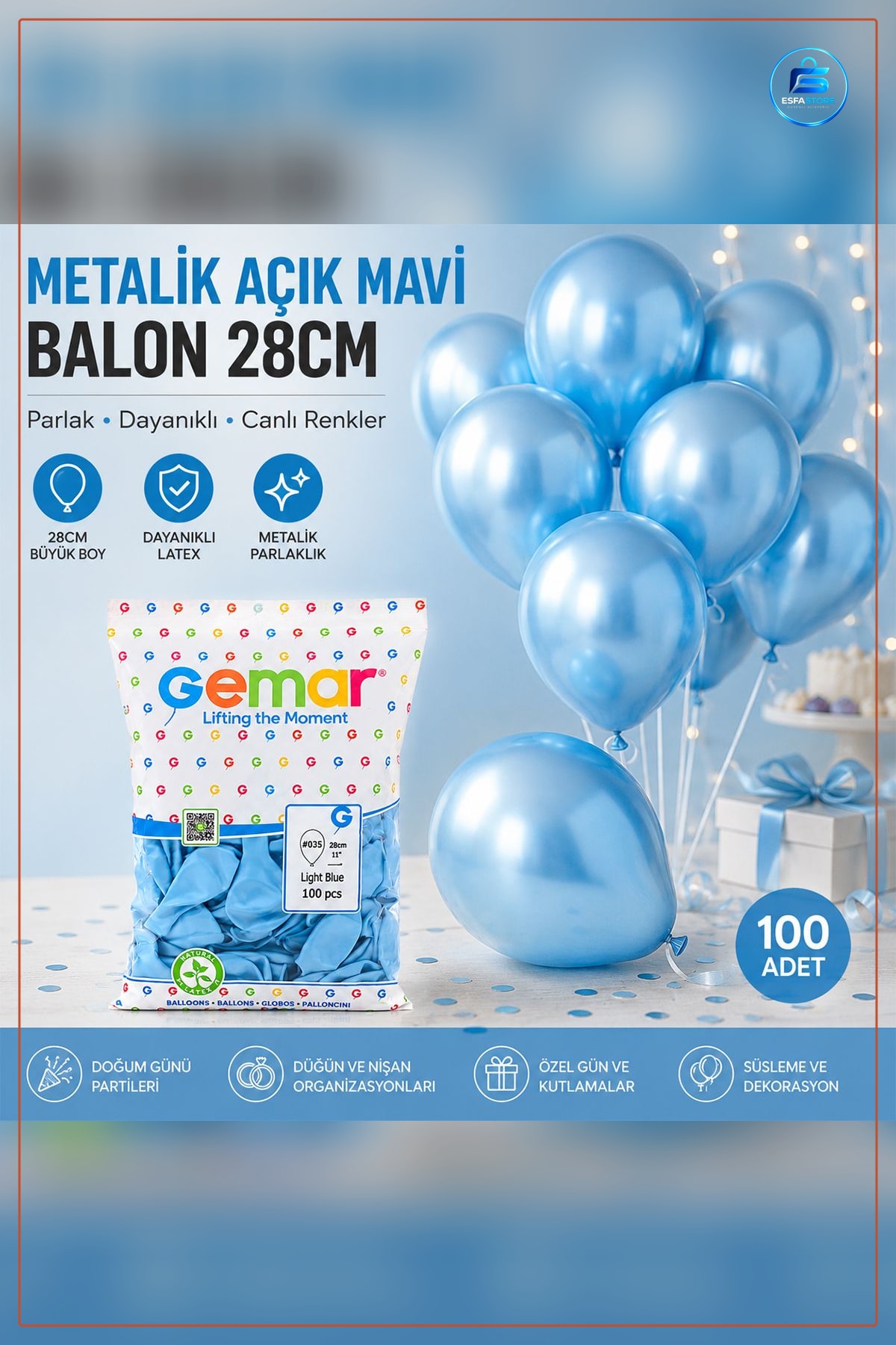 Lateks Balon Metalik Açık Mavi 11 inç 28 cm 100 Adet Doğum Günü Parti Düğün Helyum Uyumlu Süsleme