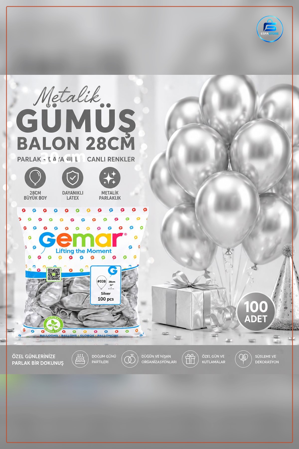 Metalik Gümüş Balon 100 Adet Parti Doğum Günü Süsleme Dekor Parlak Kaplama Fotoğraf Etkinlik