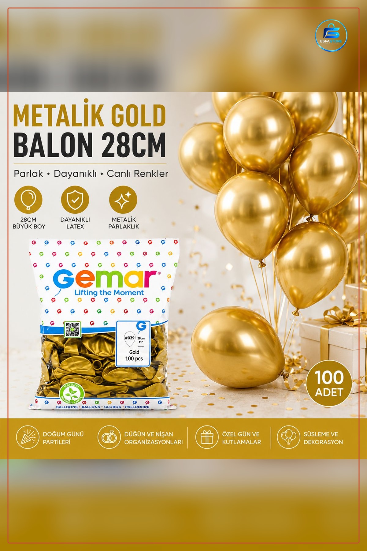 Metalik Gold Balon 100 Adet Parti Doğum Günü Nişan Düğün Süsleme Dekor Parlak Altın Kaplama