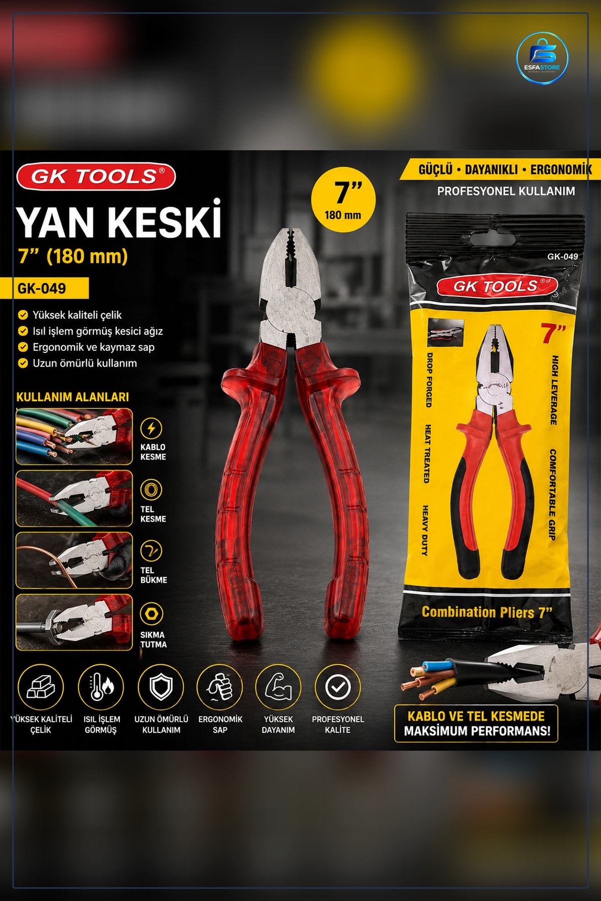 Saplı Yan Keski Pense 180 mm Alaşımlı Çelik Elektrik Teli Kesici Hırdavat Manuel El Aleti