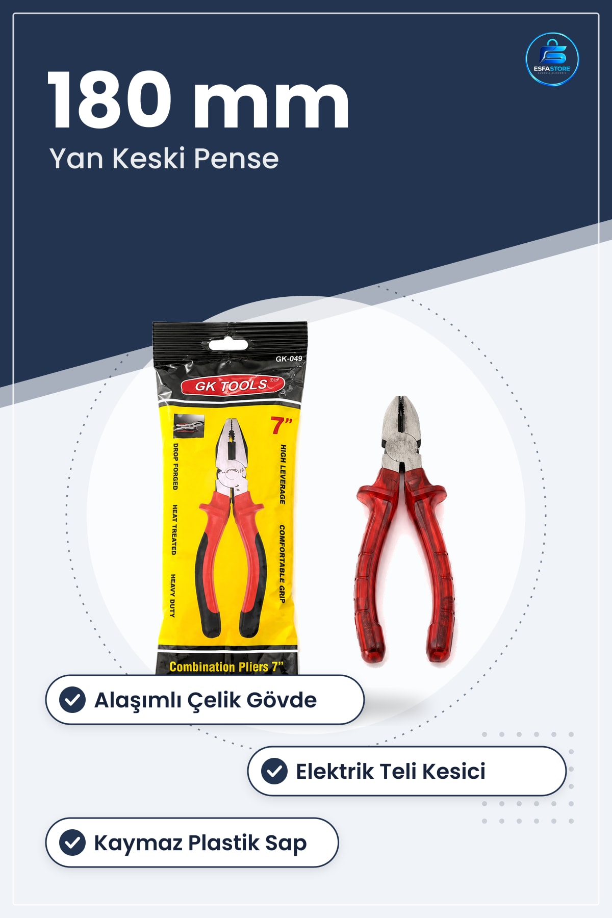 Saplı Yan Keski Pense 180 mm Alaşımlı Çelik Elektrik Teli Kesici Hırdavat Manuel El Aleti
