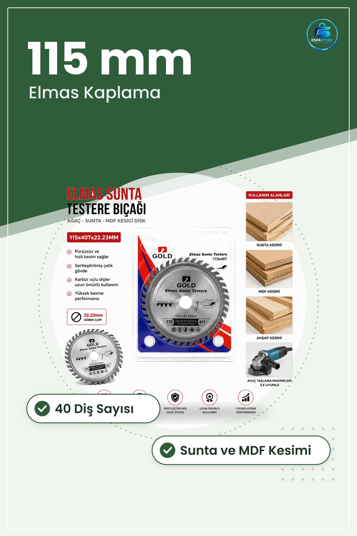 Sunta Kesici Disk 115 mm 40T 22.23 Elmas Kaplama Testere Bıçağı Açılı Taşlayıcı MDF Laminat