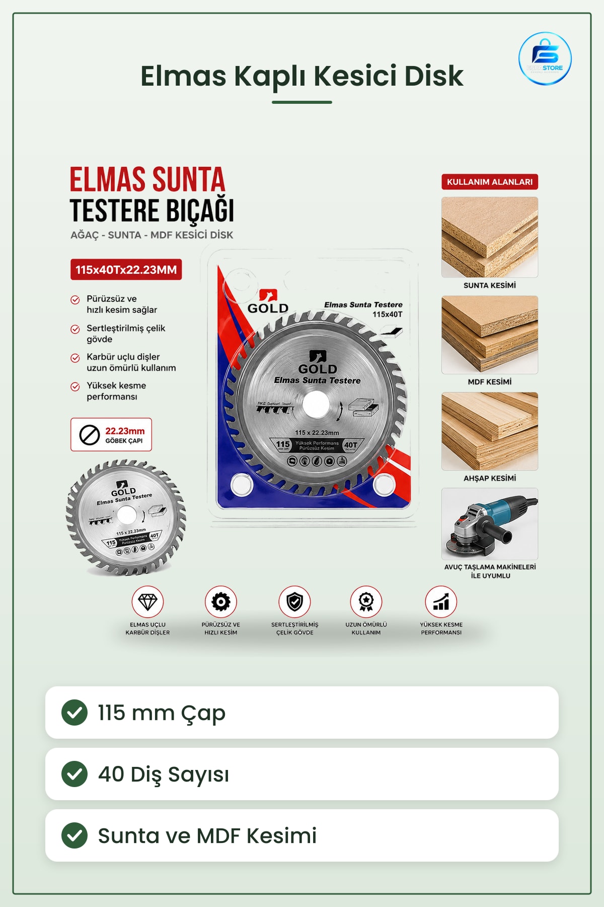 Sunta Kesici Disk 115 mm 40T 22.23 Elmas Kaplama Testere Bıçağı Açılı Taşlayıcı MDF Laminat