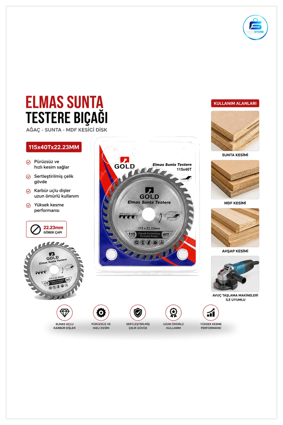 Sunta Kesici Disk 115 mm 40T 22.23 Elmas Kaplama Testere Bıçağı Açılı Taşlayıcı MDF Laminat