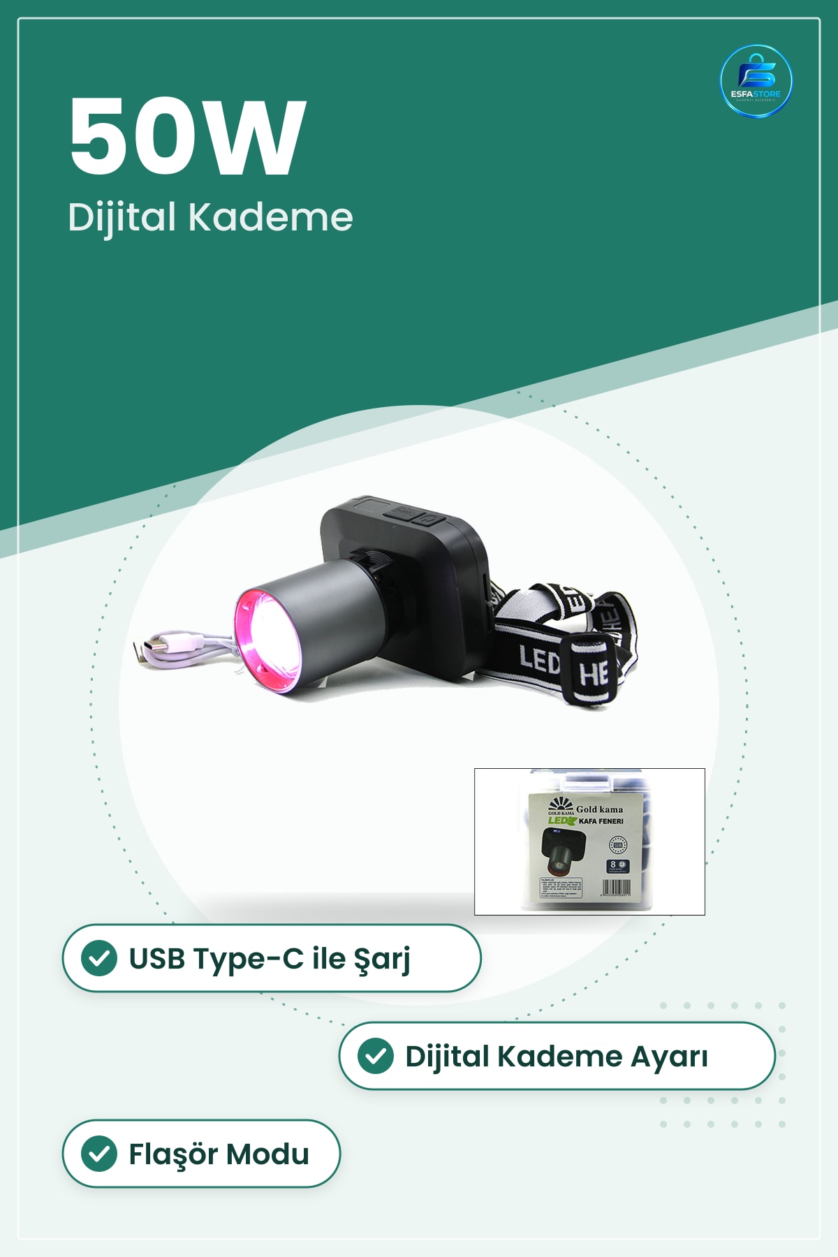 Şarjlı Kafa Lambası 50W USB Type-C Dijital Kademe Ayarlı LED Kamp Bisiklet Balıkçılık Tamir