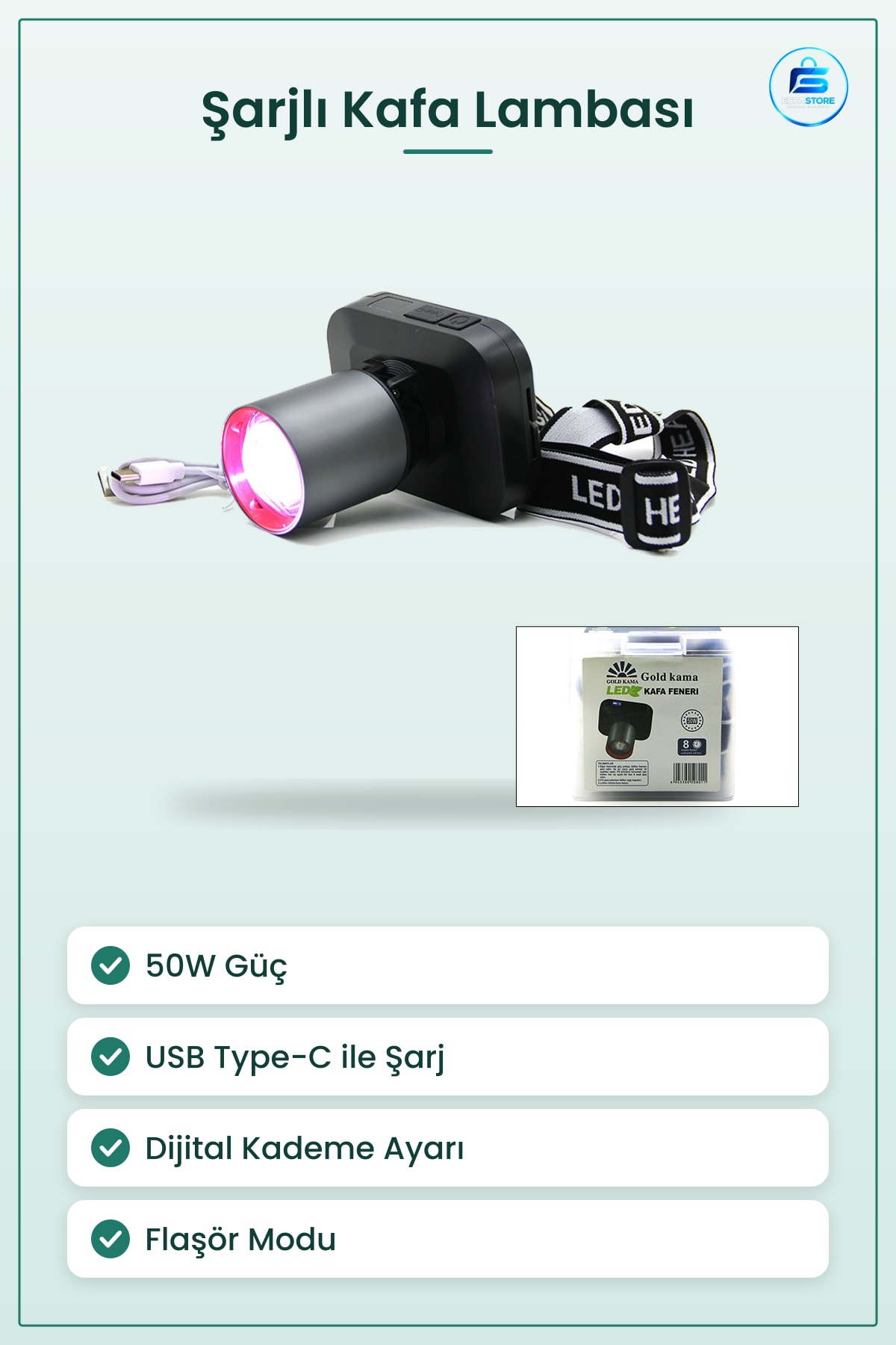 Şarjlı Kafa Lambası 50W USB Type-C Dijital Kademe Ayarlı LED Kamp Bisiklet Balıkçılık Tamir
