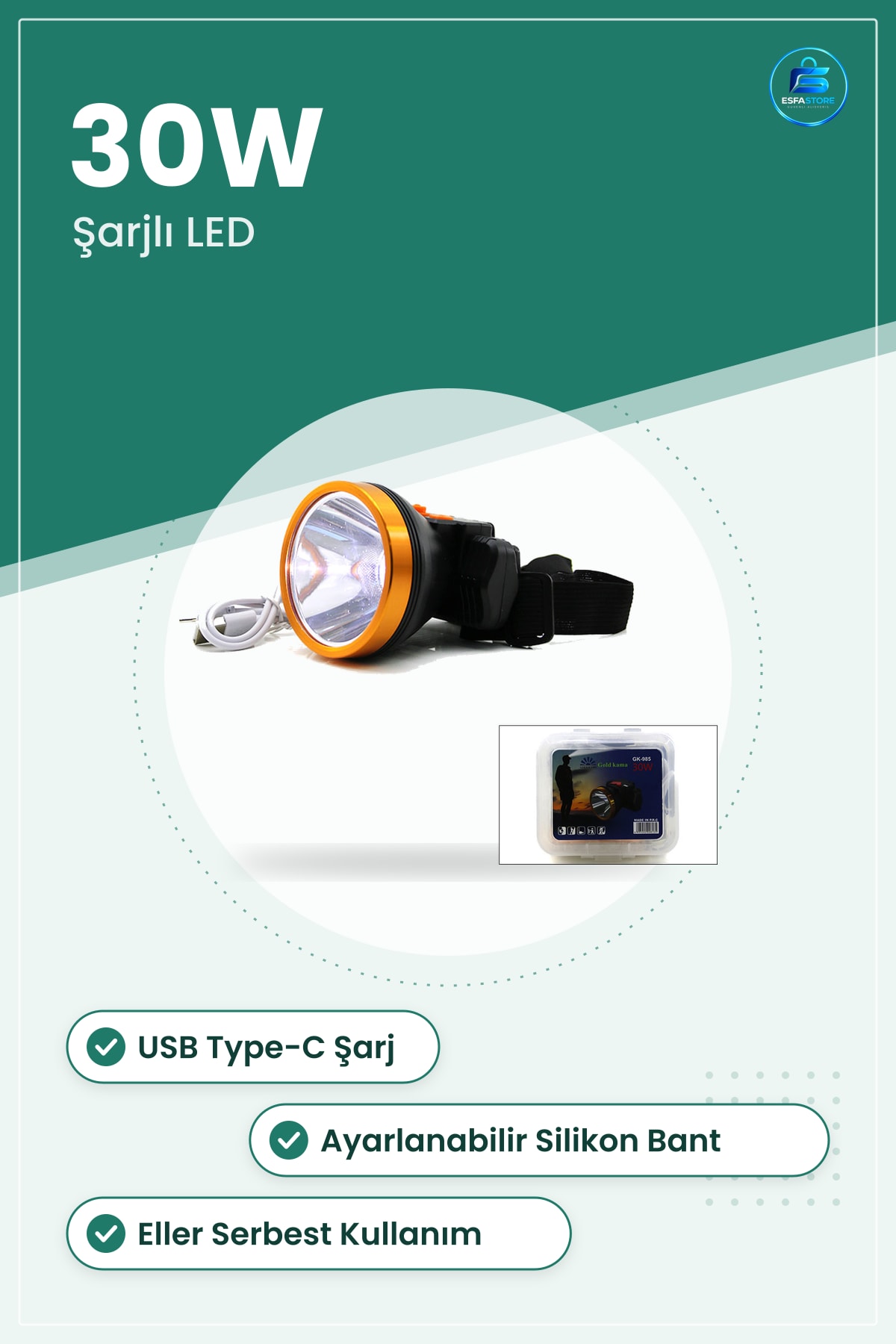 Şarjlı Kafa Lambası 30W USB Type-C Kamp Yürüyüş Tamir Eller Serbest Taşınabilir LED Işık