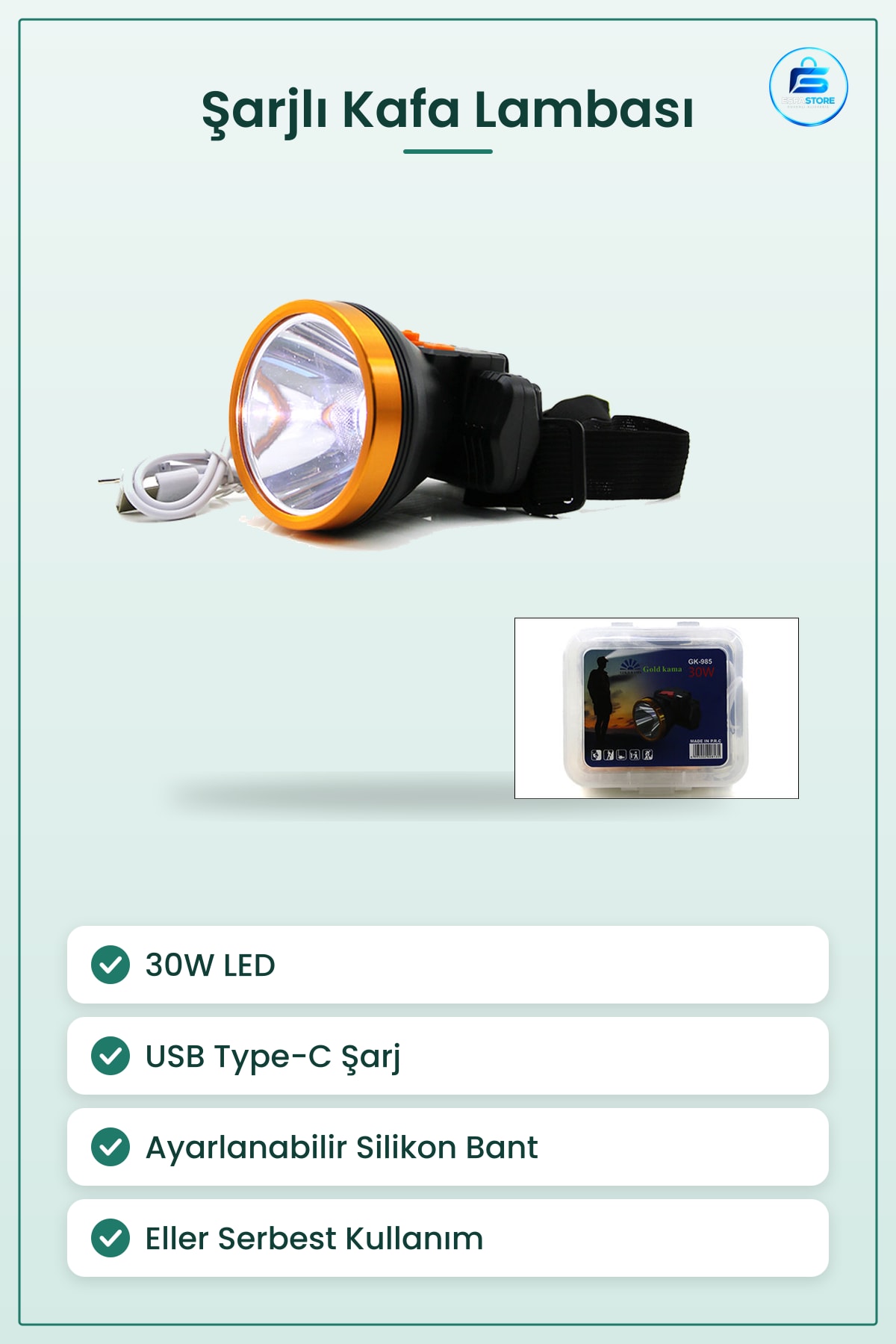 Şarjlı Kafa Lambası 30W USB Type-C Kamp Yürüyüş Tamir Eller Serbest Taşınabilir LED Işık