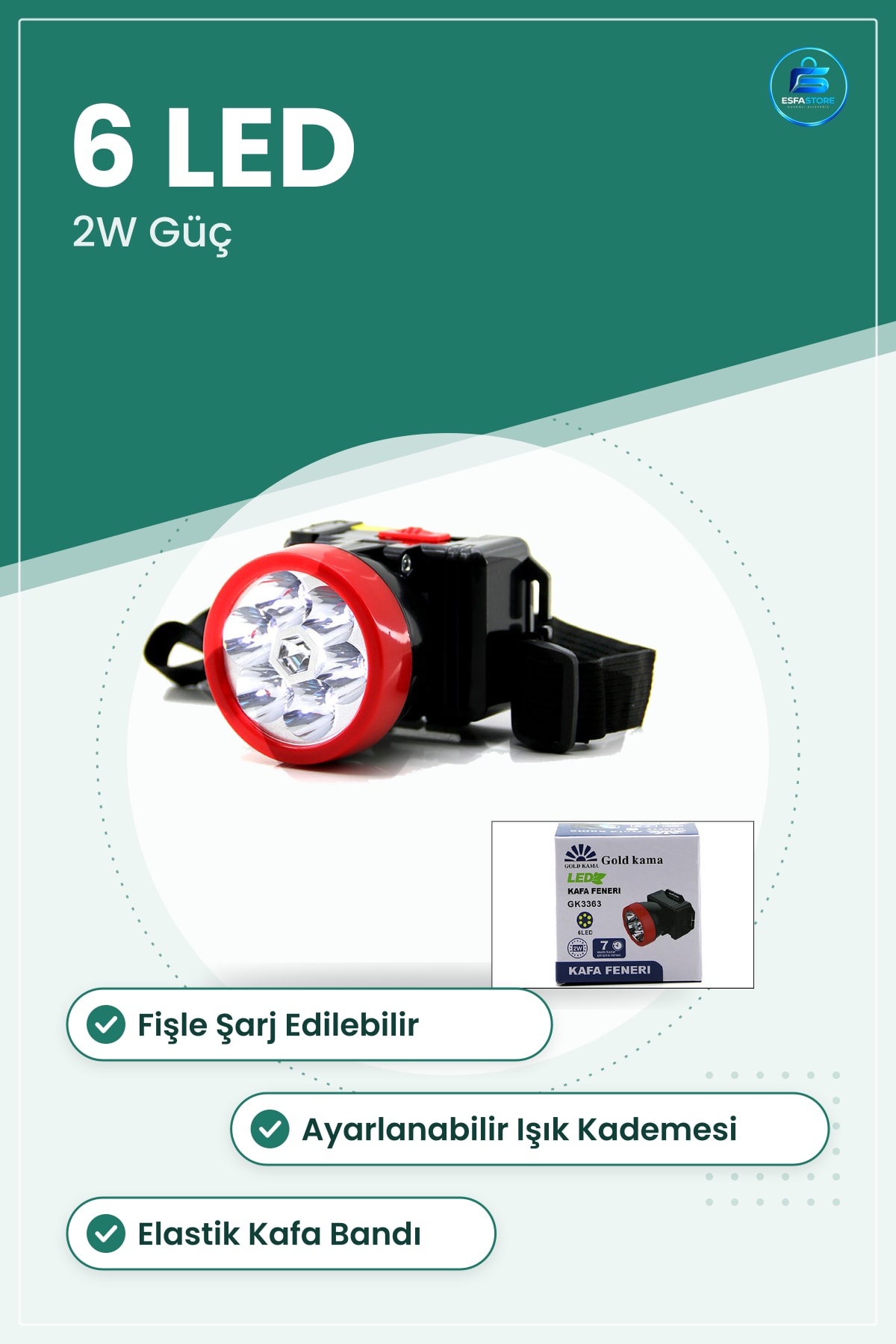 Şarjlı Kafa Lambası 6 LED 2W Ayarlanabilir Işık Kademeli Fişli Şarj Kamp Bisiklet Tamirat Feneri
