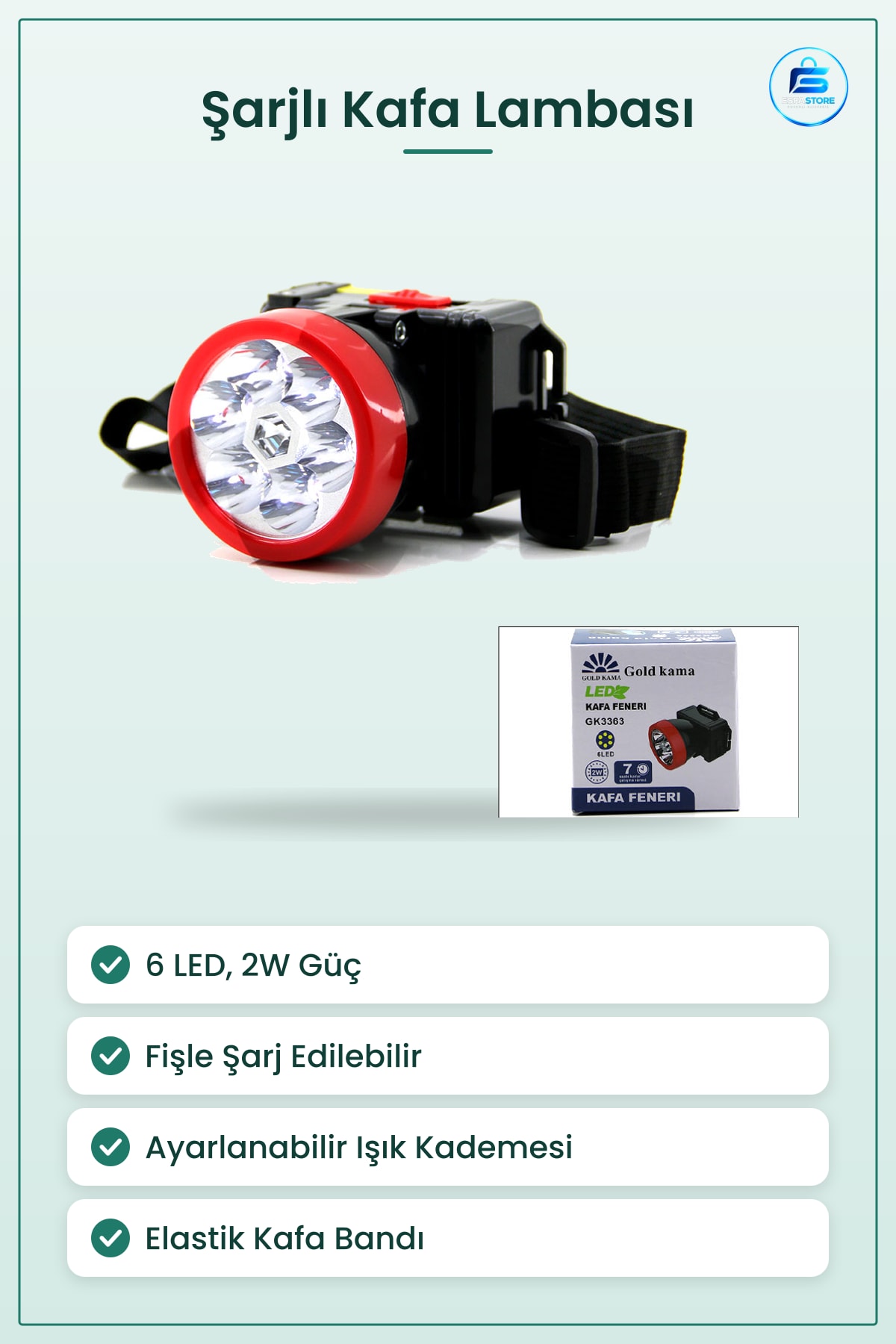 Şarjlı Kafa Lambası 6 LED 2W Ayarlanabilir Işık Kademeli Fişli Şarj Kamp Bisiklet Tamirat Feneri