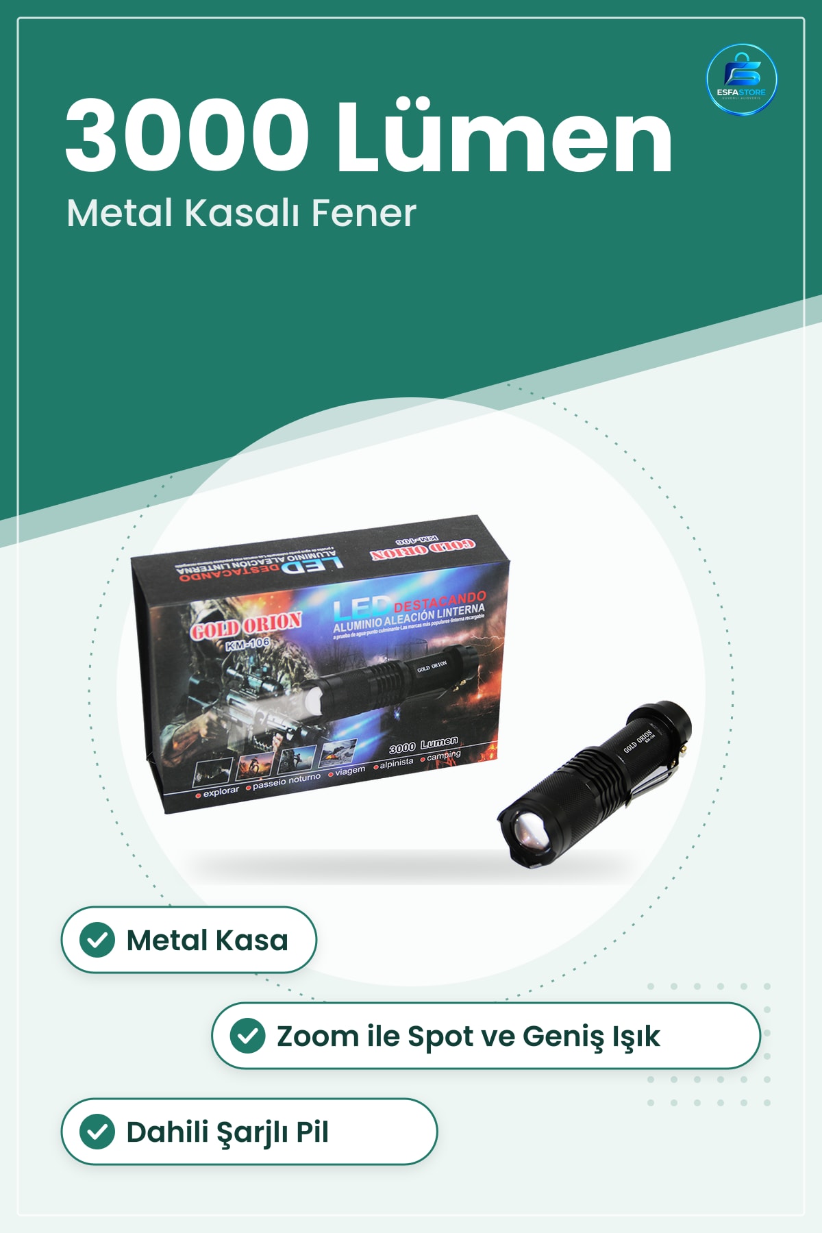 El Feneri Zoomlu Şarjlı 3000 Lumen Metal Kasa 12.5 cm Spot ve Geniş Işık Kamp Outdoor
