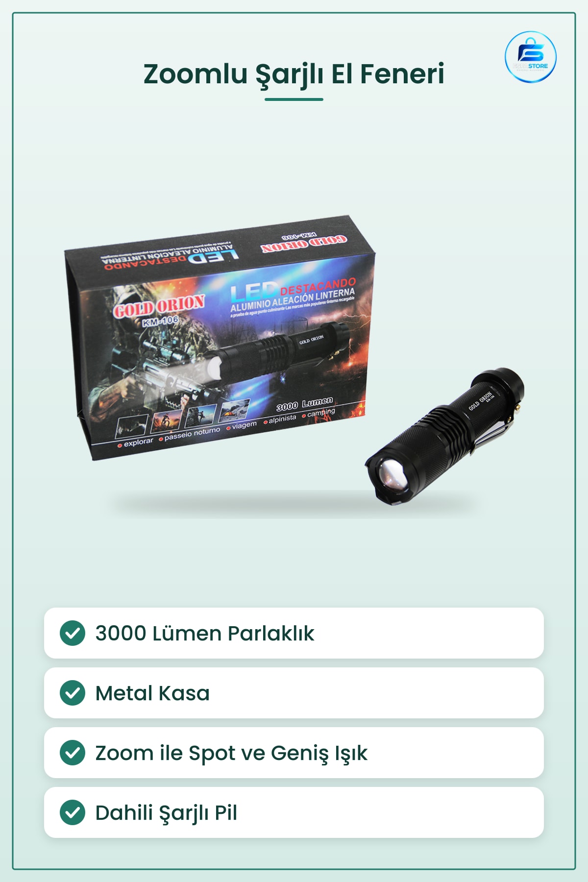 El Feneri Zoomlu Şarjlı 3000 Lumen Metal Kasa 12.5 cm Spot ve Geniş Işık Kamp Outdoor