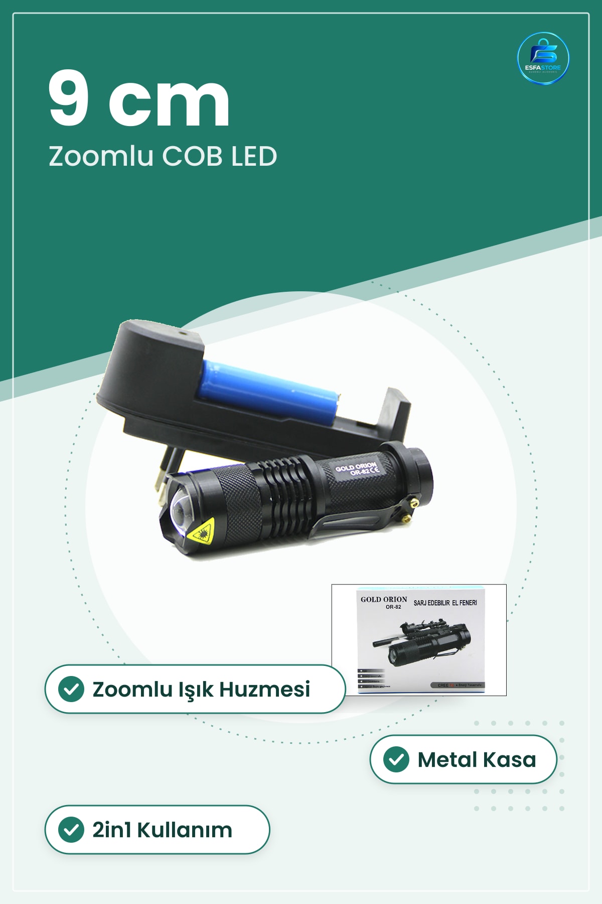 El Feneri COB LED Metal Zoomlu 9 cm 2in1 Şarjlı Kompakt Taşınabilir Kamp Ev Araç Aydınlatma