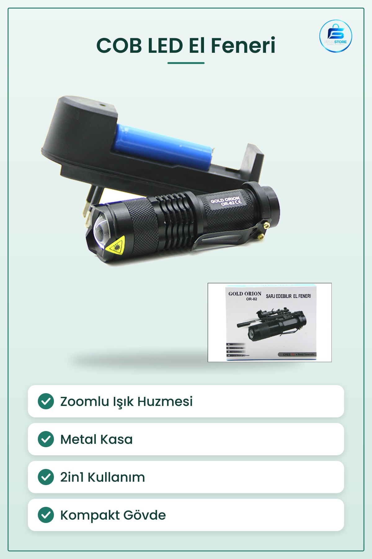 El Feneri COB LED Metal Zoomlu 9 cm 2in1 Şarjlı Kompakt Taşınabilir Kamp Ev Araç Aydınlatma
