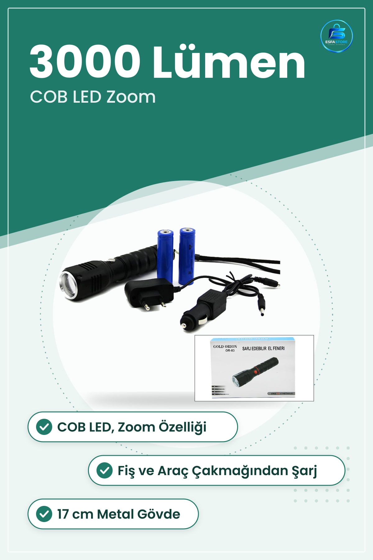 El Feneri Zoomlu COB LED Şarjlı Metal Lümen 17 cm Kamp Kompakt Acil Durum Ev Dış Mekan