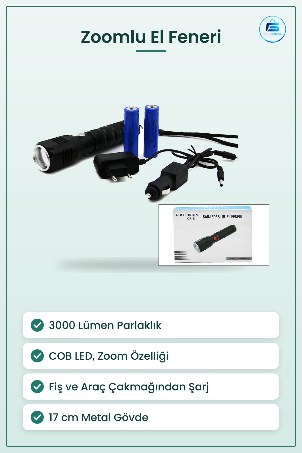 El Feneri Zoomlu COB LED Şarjlı Metal Lümen 17 cm Kamp Kompakt Acil Durum Ev Dış Mekan
