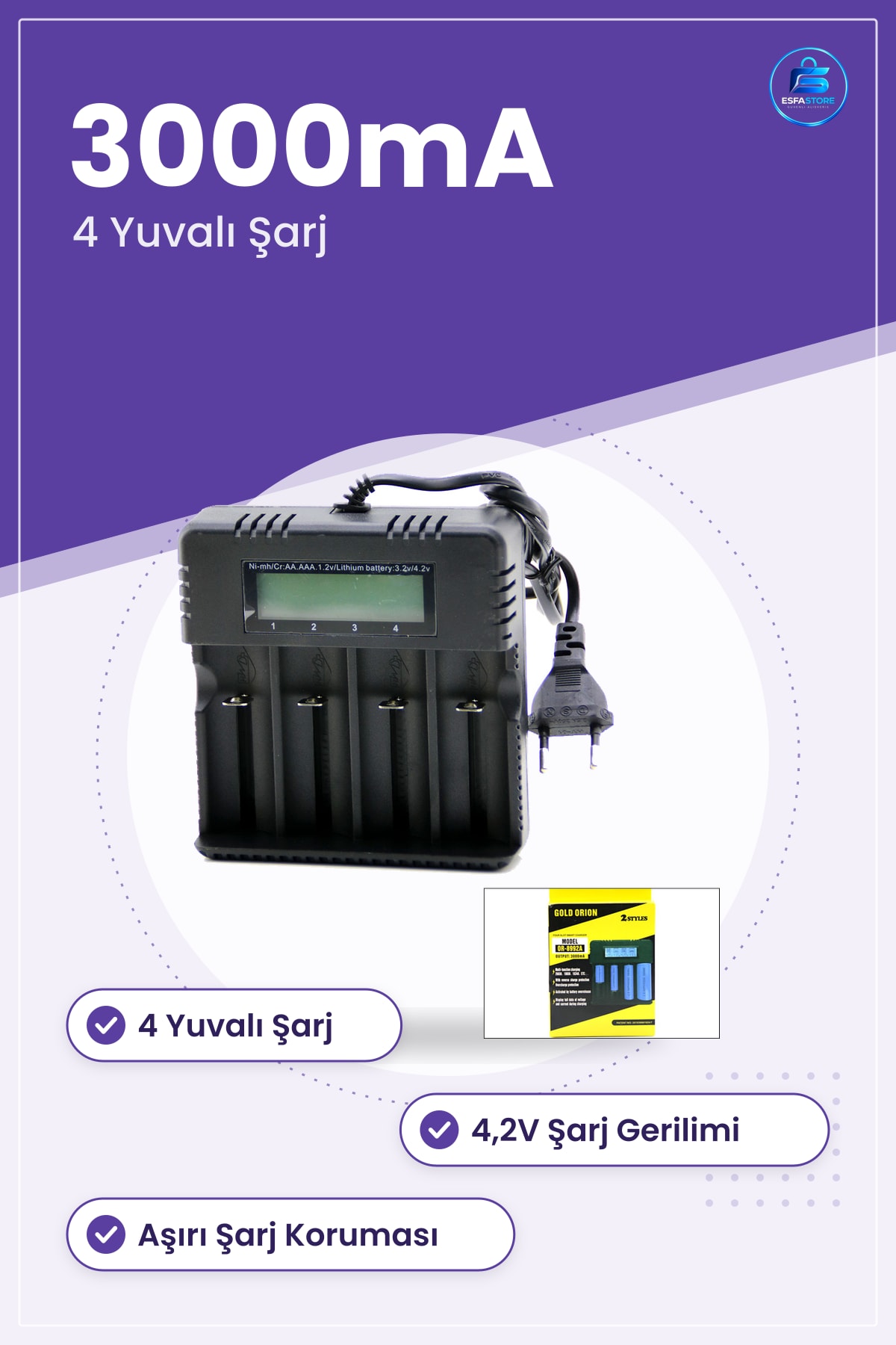 Li Ion Pil Şarj Cihazı 4 Yuvalı 3000mA 4,2V Uyumlu LCD Ekranlı Ev Ofis Kullanışlı