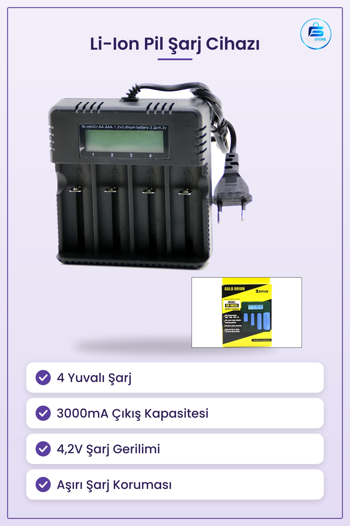 Li Ion Pil Şarj Cihazı 4 Yuvalı 3000mA 4,2V Uyumlu LCD Ekranlı Ev Ofis Kullanışlı