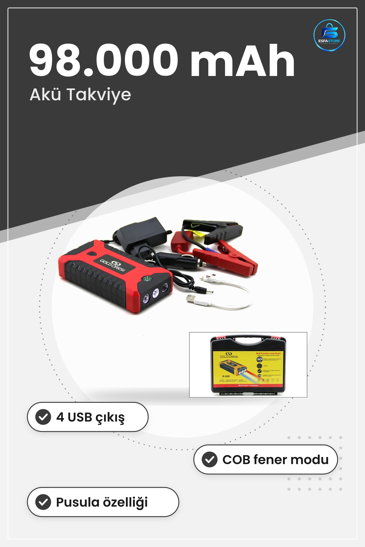 Araç Akü Takviye Powerbank Şarj Cihazı 4 USB Fener COB Pusula 98.000 mAh Taşınabilir Kamp