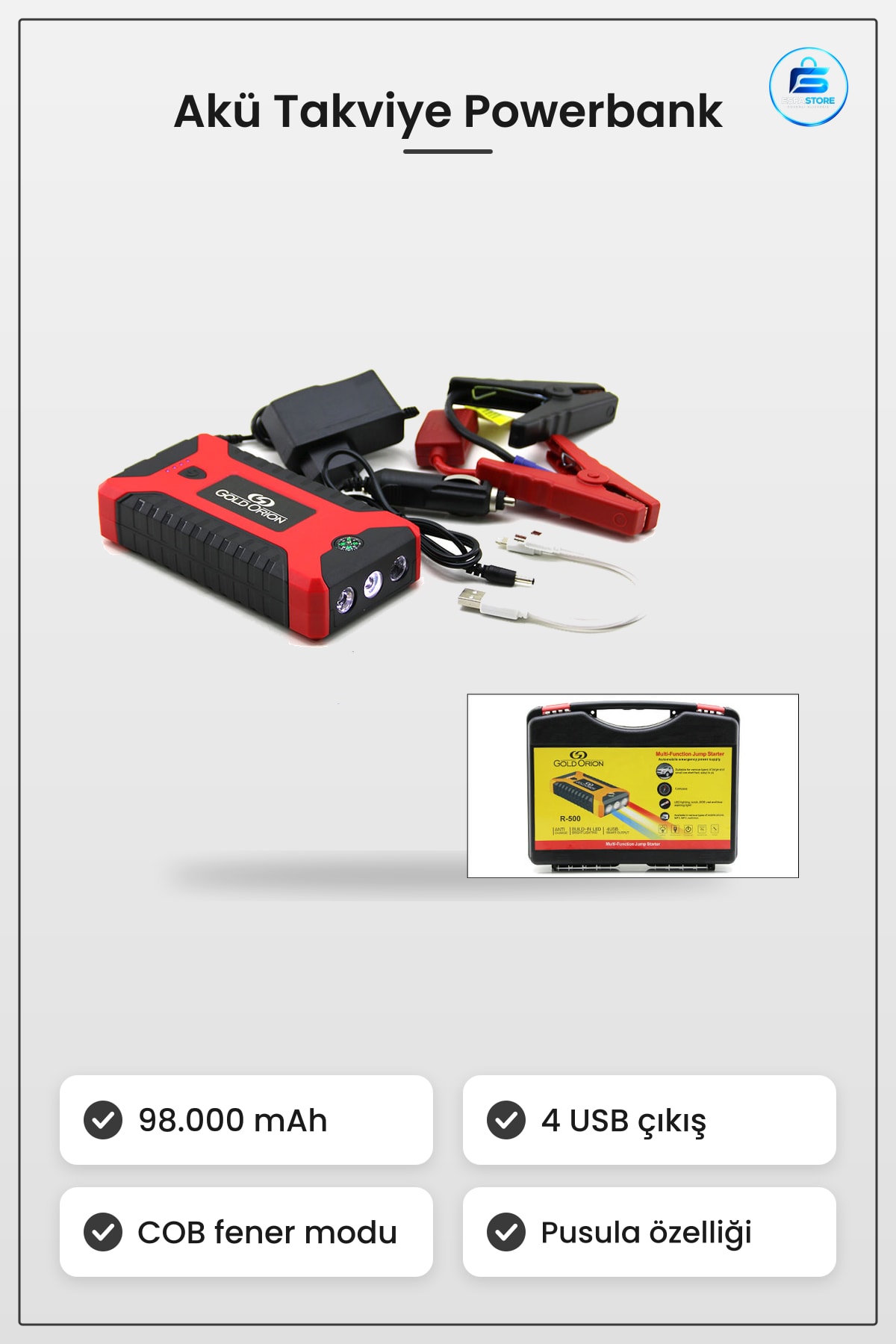 Araç Akü Takviye Powerbank Şarj Cihazı 4 USB Fener COB Pusula 98.000 mAh Taşınabilir Kamp