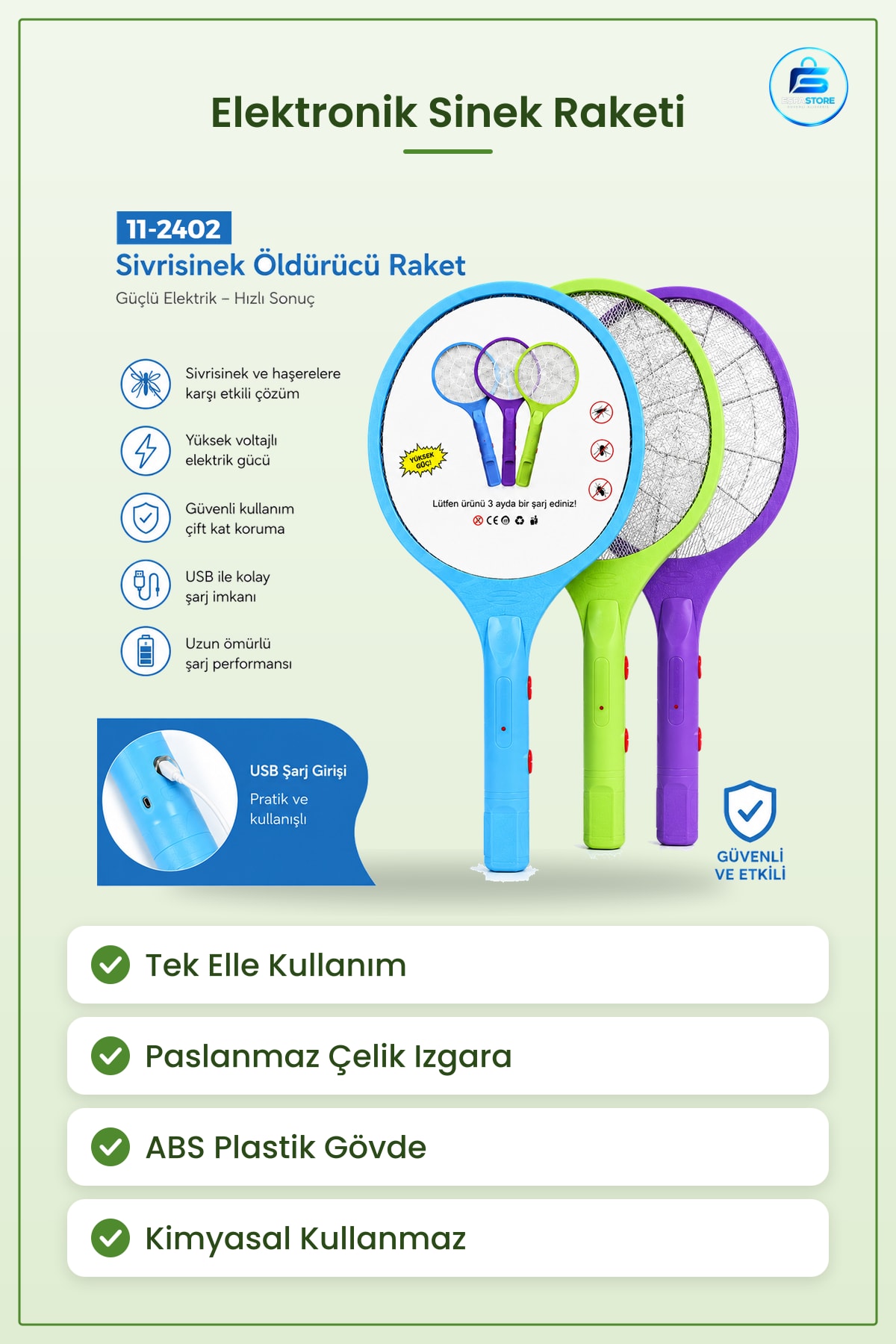 Elektronik Sinek Öldürücü Raket Renkli Elektrikli Sivrisinek Haşere Ev Balkon Mutfak Bahçe