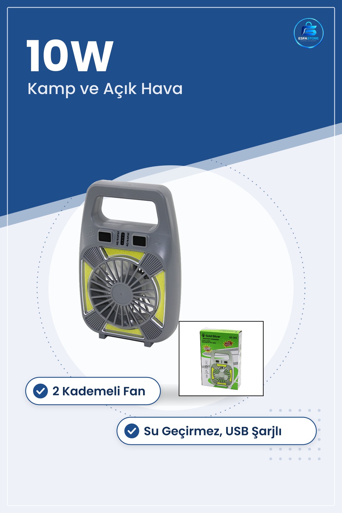 USB Şarjlı 2in1 Mini Vantilatör Fener 10W 2 Kademe Su Geçirmez Taşınabilir Kamp Işıklı