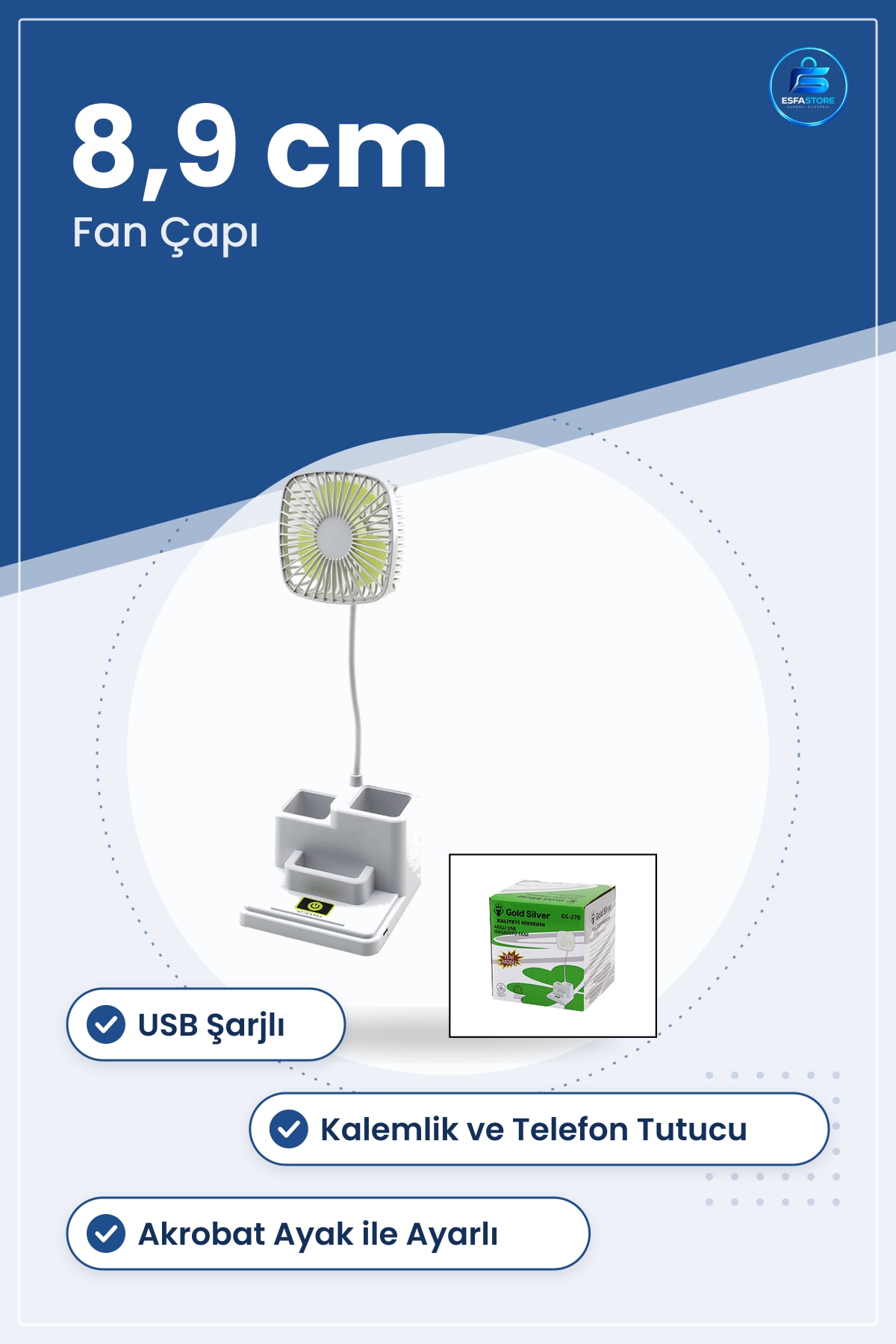 Masaüstü Vantilatör USB Şarjlı Kalemlik ve Telefon Tutuculu Mini Fan Ofis Serinletici Masa