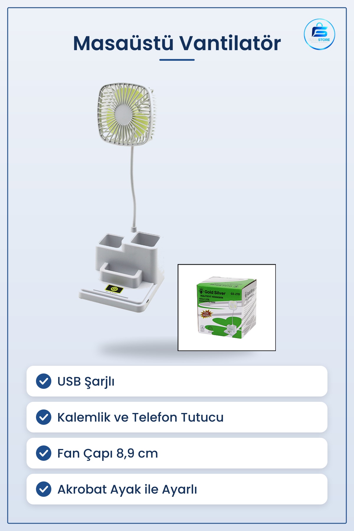 Masaüstü Vantilatör USB Şarjlı Kalemlik ve Telefon Tutuculu Mini Fan Ofis Serinletici Masa