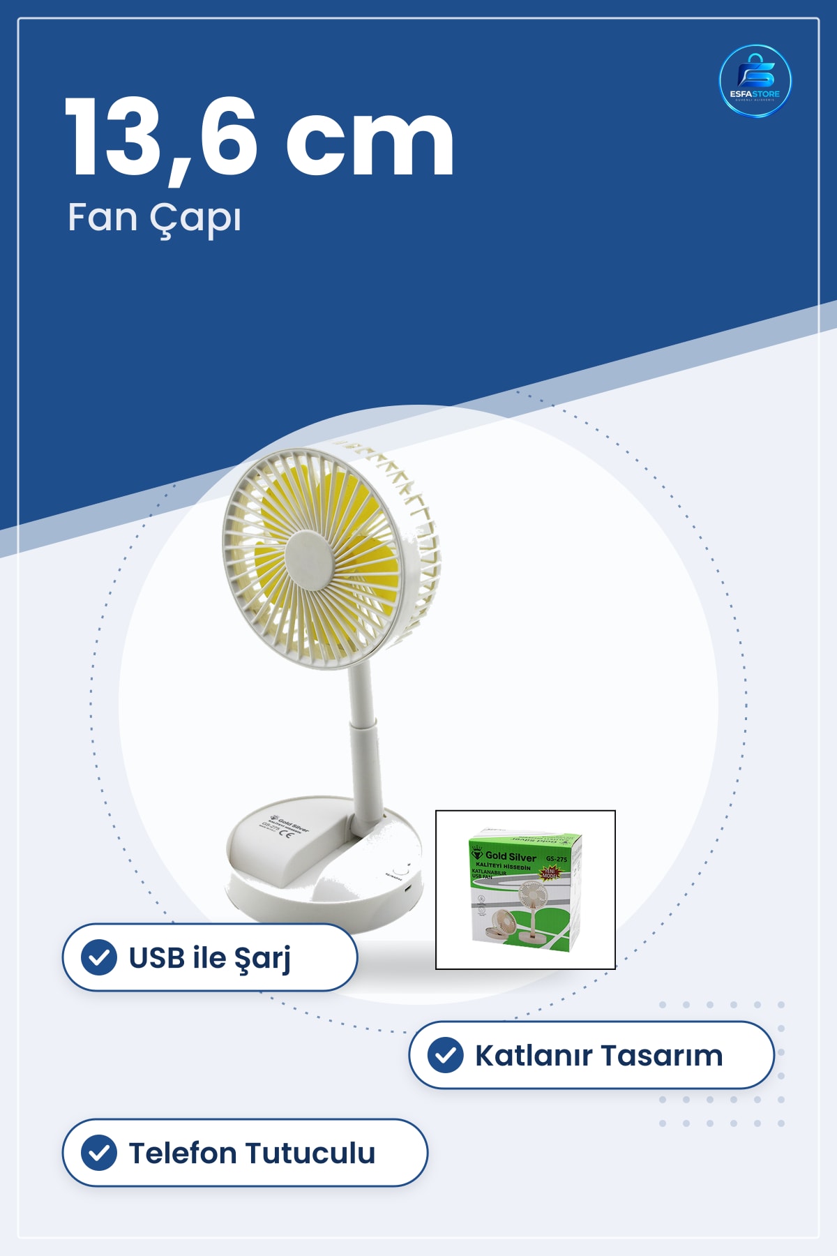 USB Şarjlı Masaüstü Vantilatör Katlanır Telefonluklu Ayarlanabilir 13,6 cm Fan Taşınabilir Kablosuz