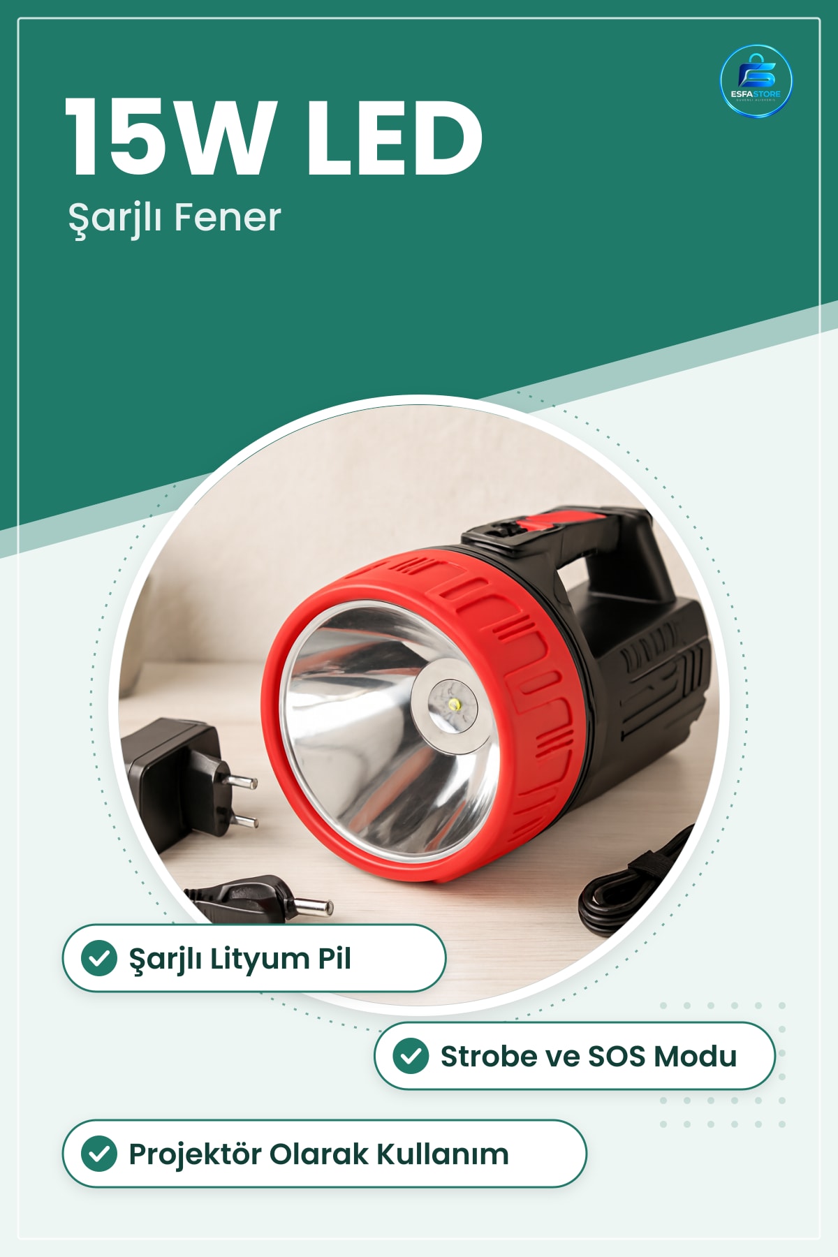 El Feneri 15W LED Şarjlı Uzun Menzilli 2'si 1 Arada Projektör Kamp Acil Durum Aydınlatma