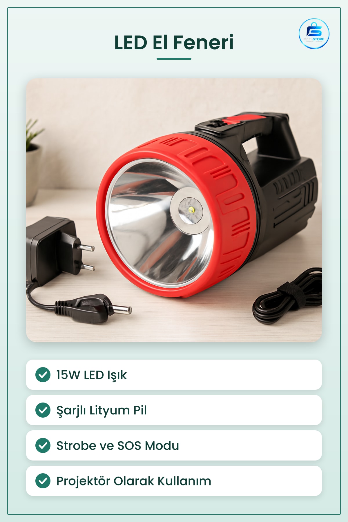 El Feneri 15W LED Şarjlı Uzun Menzilli 2'si 1 Arada Projektör Kamp Acil Durum Aydınlatma
