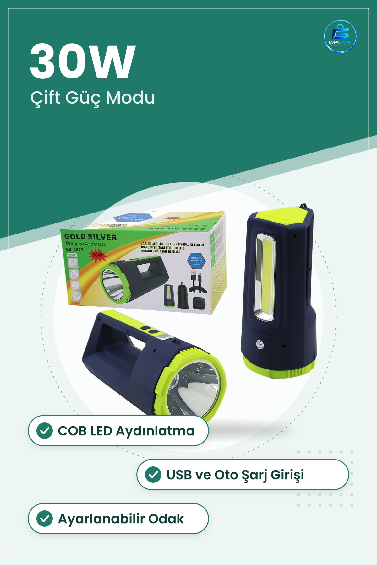El Feneri Projektör 2in1 30W/10W COB LED USB Oto Şarjlı Kamp Acil Durum Arama Kurtarma