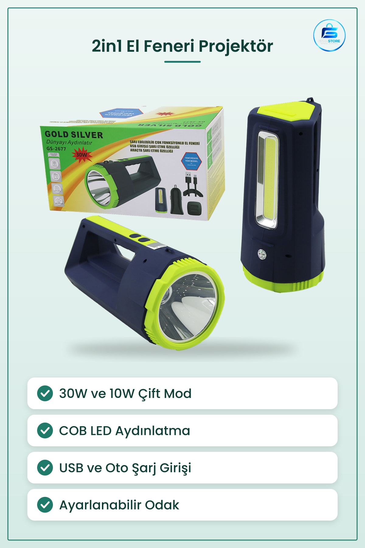 El Feneri Projektör 2in1 30W/10W COB LED USB Oto Şarjlı Kamp Acil Durum Arama Kurtarma